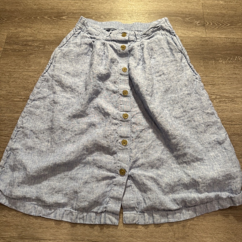 Lands End Skirt Womens 10 Blue Linen Button Front Casual Coastal Cottagecore